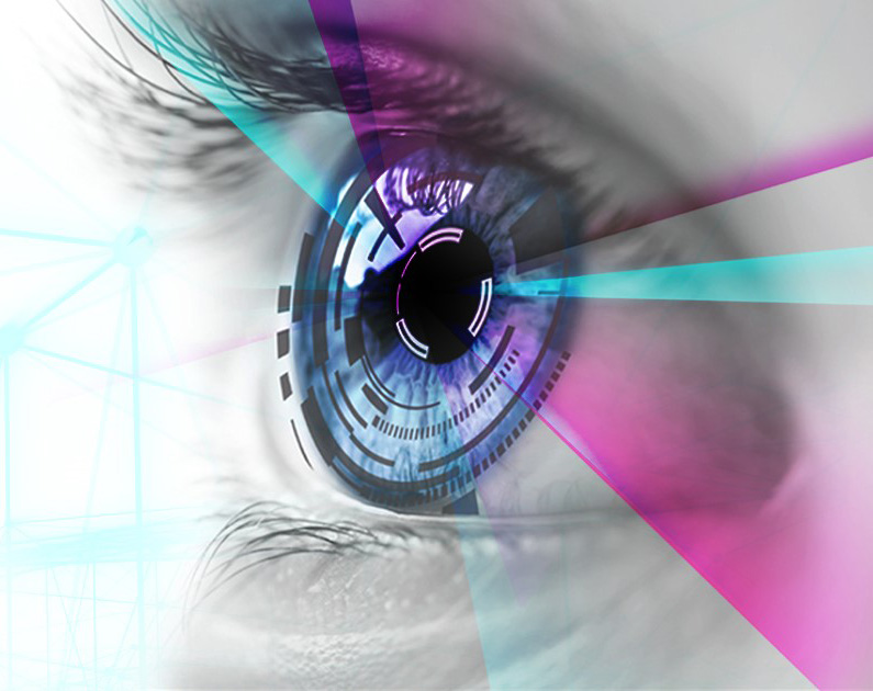 Close up of eye with laser illustration superimposed on top